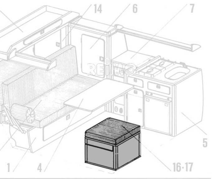 VW T3 sædeboks for Truma E-varmer, Granitto design laminat, samlesæt