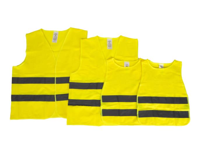 Sikkerhedsvestene er gule, 2x voksne (1x XL / 1x XXL) + 2x børn
