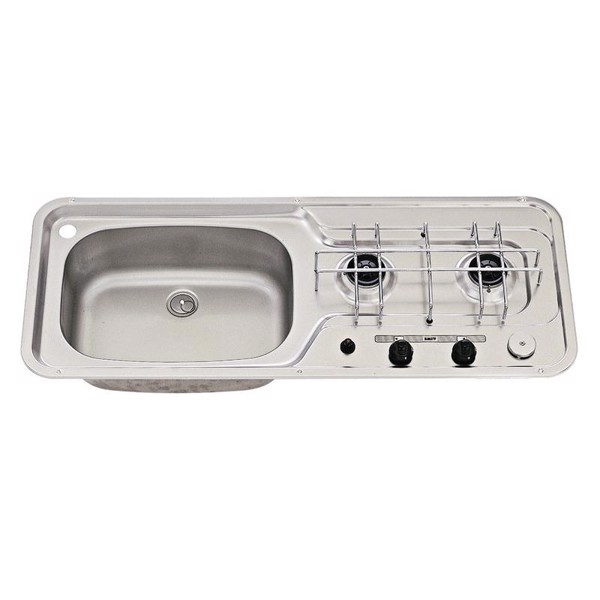 Sink / komfur 800x320 2-flamme rustfrit stål piezo bassin venstre 30mbar