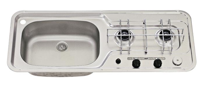 Sink / komfur 800x320 2-flamme rustfrit stål piezo bassin venstre 30mbar