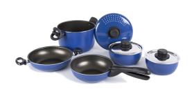 Aluminium pot set 9 pieces, blue/black, with non-stick coating