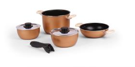 Aluminium pot set, 7 parts, gold, with insulated plastic handles