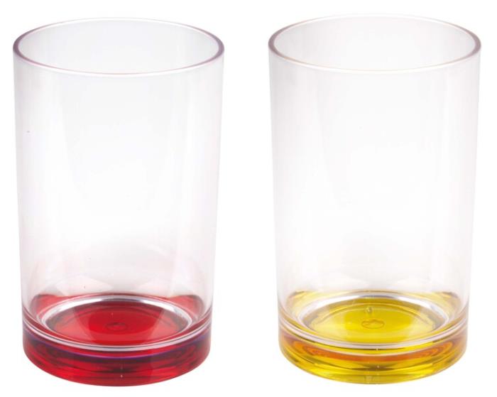 Plastglas med farvet bund, 350 ml, sæt 2: gul + rød