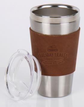 Stainless steel vacuum cup HOLIDAY TRAVEL 450ml, with leather sleeve